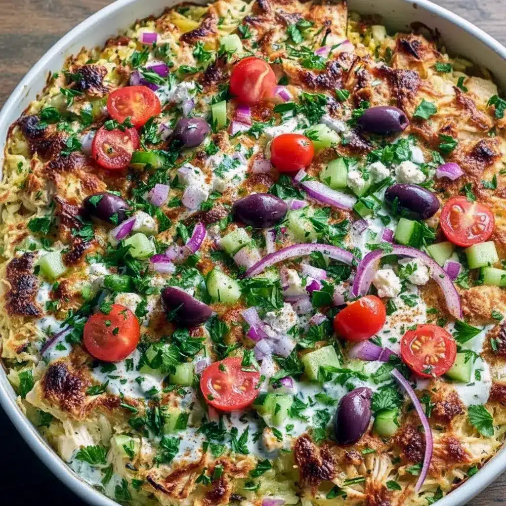 Top-down shot of a golden chicken tzatziki casserole topped with creamy tzatziki, crumbled feta, halved tomatoes, Kalamata slices, and chopped parsley; a spoon lifts a portion to reveal fluffy rice and tender chicken, Dump And Bake Casseroles.