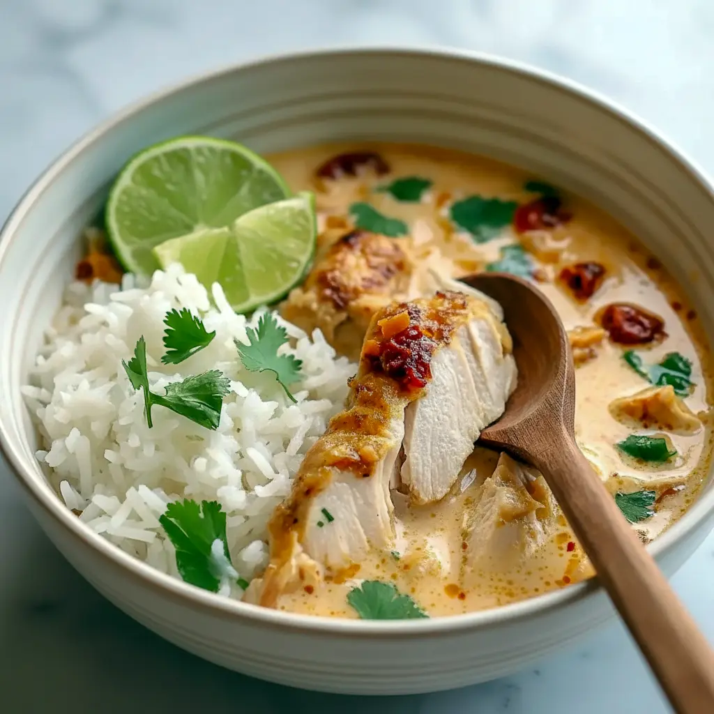 Bowl of coconut chicken with brothy jasmine rice, garnished with cilantro, green onions, and lime wedges.
