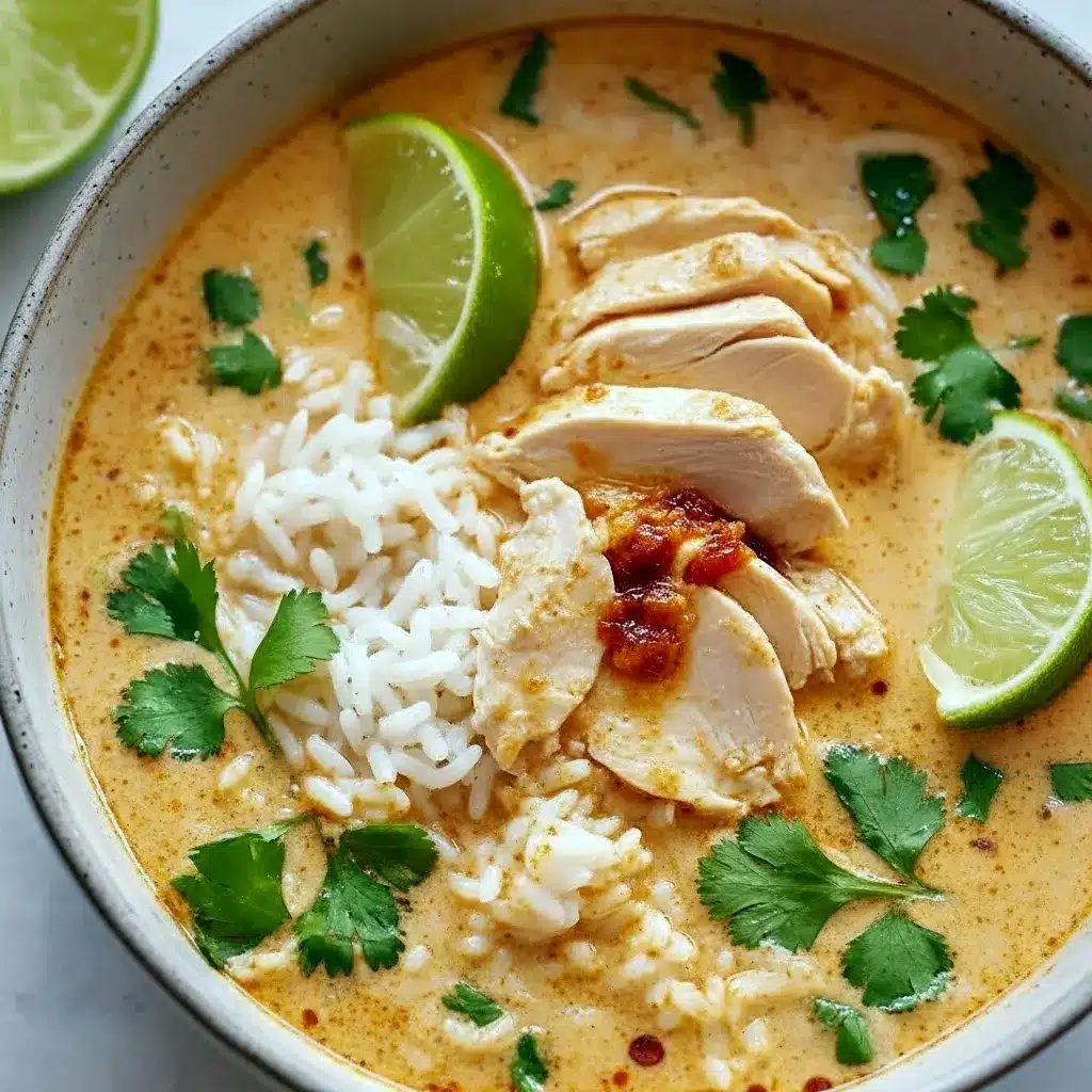 Bowl of coconut chicken with brothy jasmine rice, garnished with cilantro, green onions, and lime wedges.