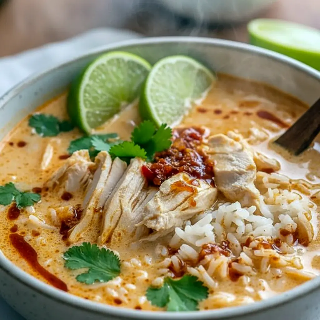 Bowl of coconut chicken with brothy jasmine rice, garnished with cilantro, green onions, and lime wedges.