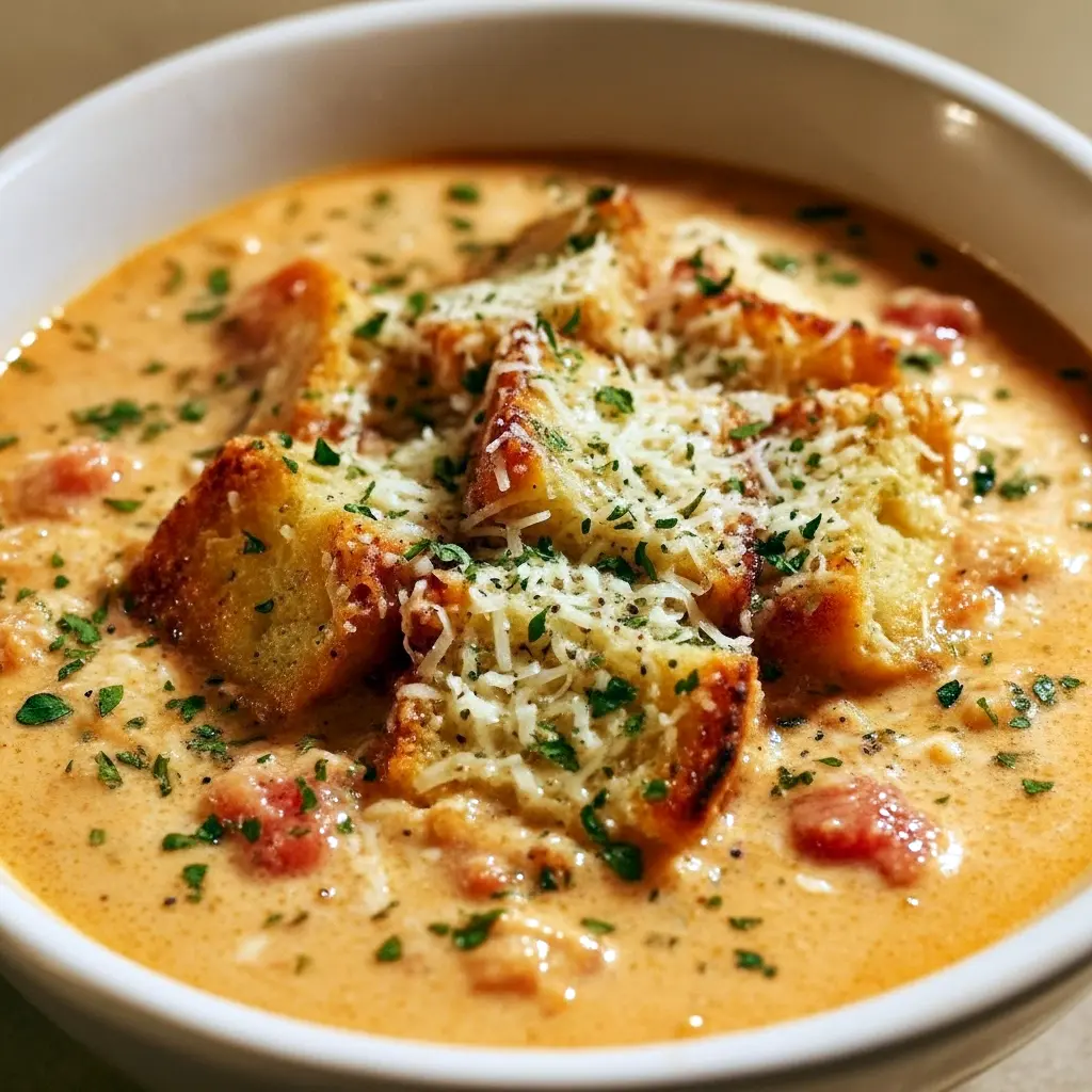 Steaming bowl of creamy chicken Parmesan soup with shredded chicken, grated Parmesan, tortellini, fresh basil, and a slice of crusty bread on the side.