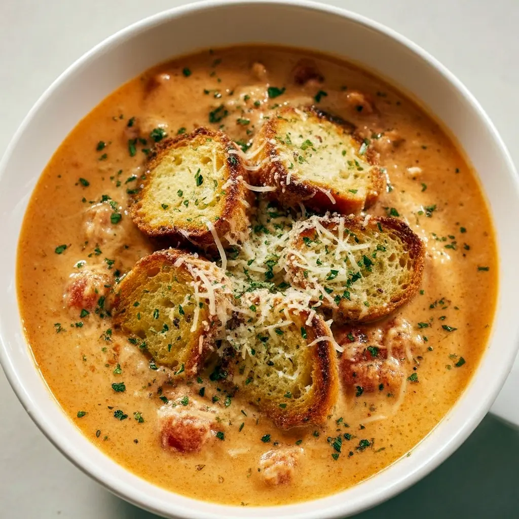 Steaming bowl of creamy chicken Parmesan soup with shredded chicken, grated Parmesan, tortellini, fresh basil, and a slice of crusty bread on the side.