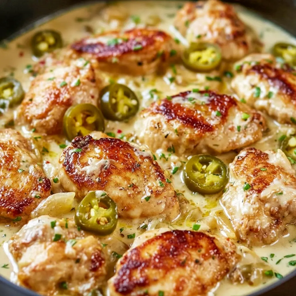 Skillet with golden-seared chicken strips in a creamy Parmesan sauce studded with green pepperoncini and roasted red peppers, garnished with parsley, Creamy Pepperoncini Chicken.