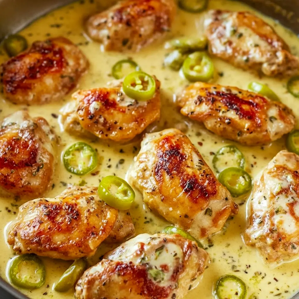 Skillet with golden-seared chicken strips in a creamy Parmesan sauce studded with green pepperoncini and roasted red peppers, garnished with parsley, Creamy Pepperoncini Chicken.