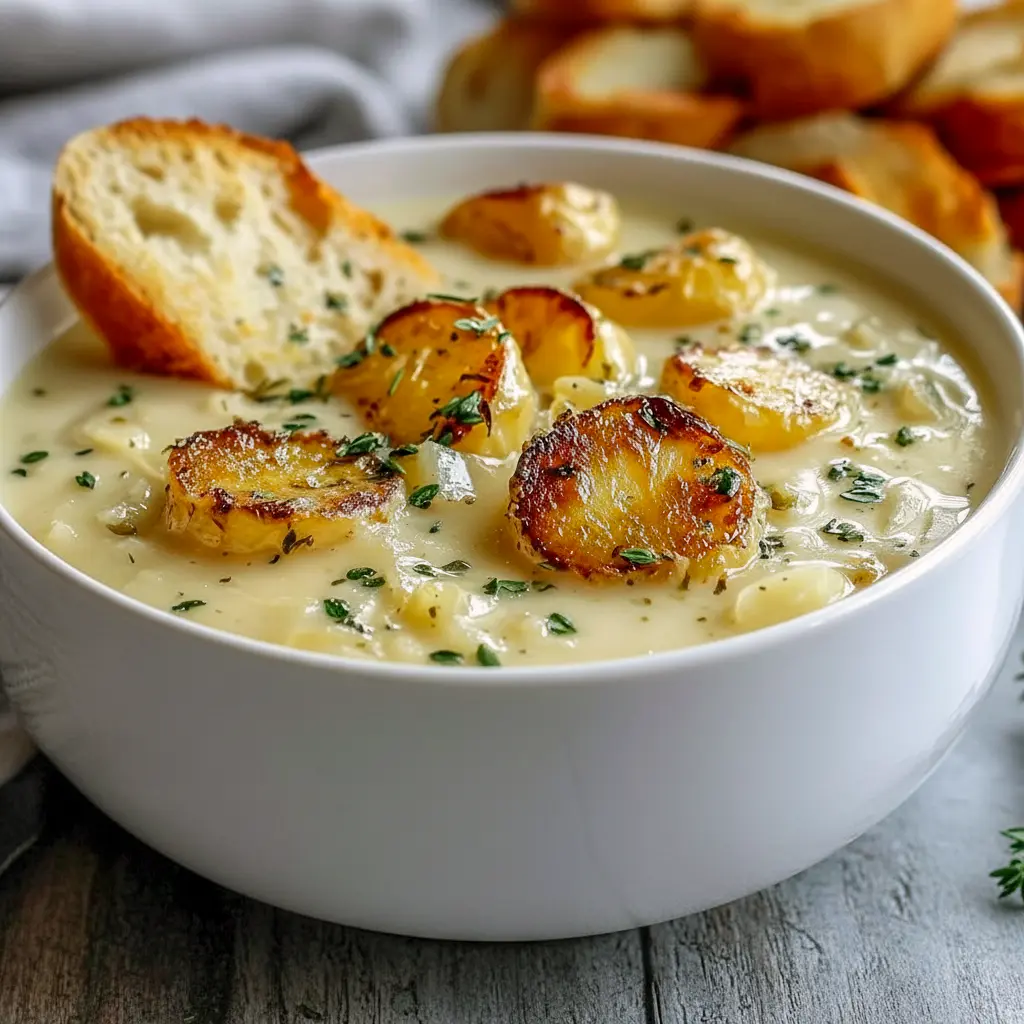Bowl of creamy roasted garlic soup garnished with thyme and crunchy croutons, served with slices of crusty baguette on a wooden board, Classic French Soups.