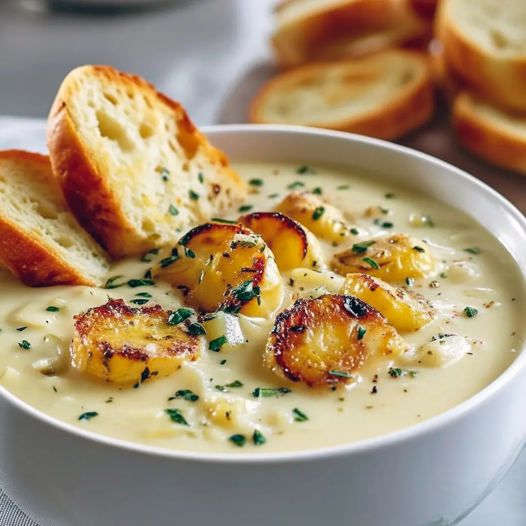 Bowl of creamy roasted garlic soup garnished with thyme and crunchy croutons, served with slices of crusty baguette on a wooden board, Classic French Soups.