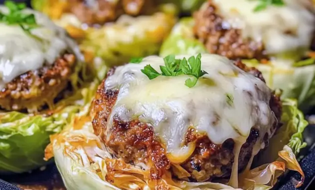 Overhead of a crispy cabbage burger bake: golden-roasted cabbage slices layered with seared patties and melted cheese — a tasty example of Meals With Cabbage and Cabbage Burgers Recipes Easy.