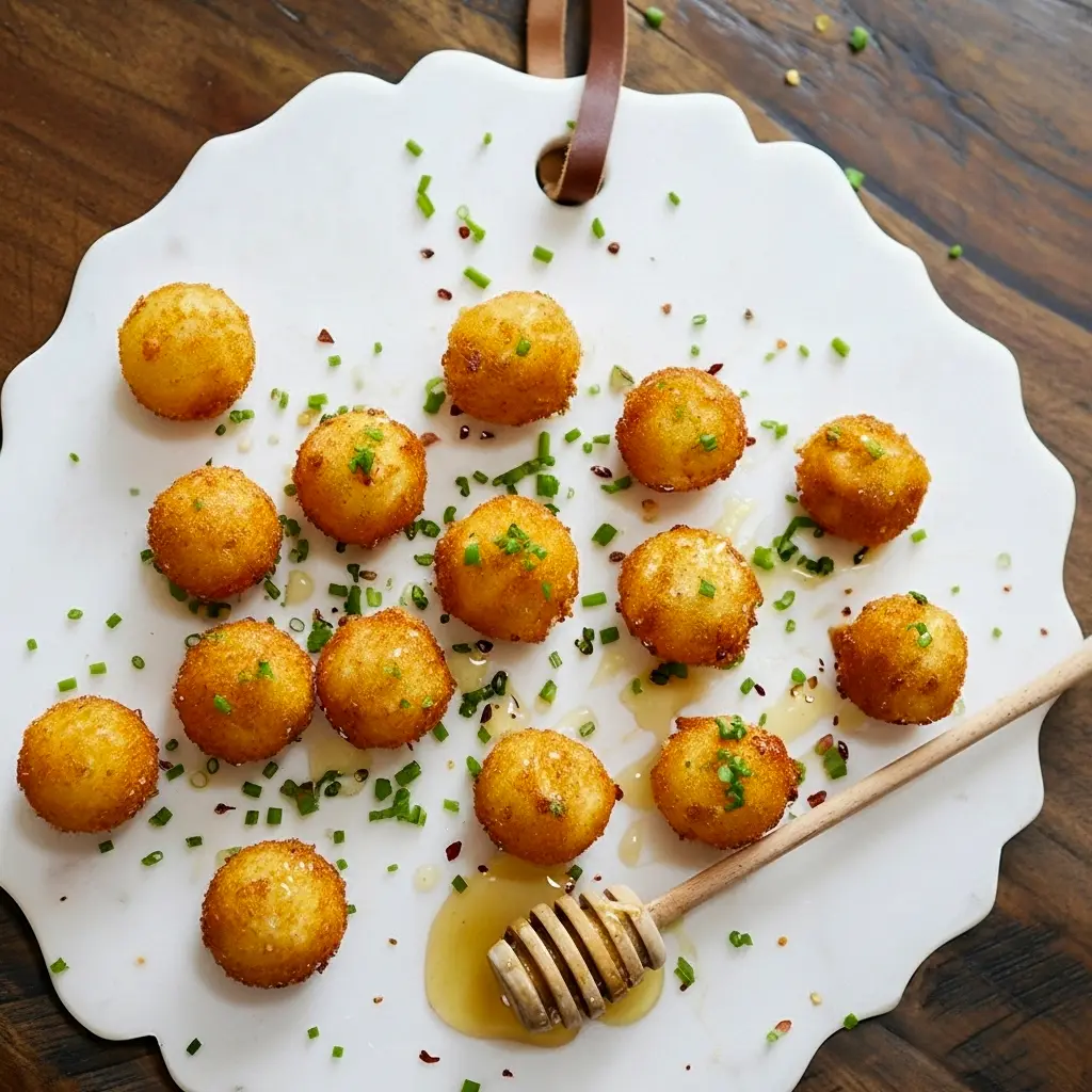Goat Cheese And Honey Bites — golden fried goat cheese poppers drizzled with honey and sprinkled with chives, a tempting Goat Cheese Honey appetizer on a white platter.