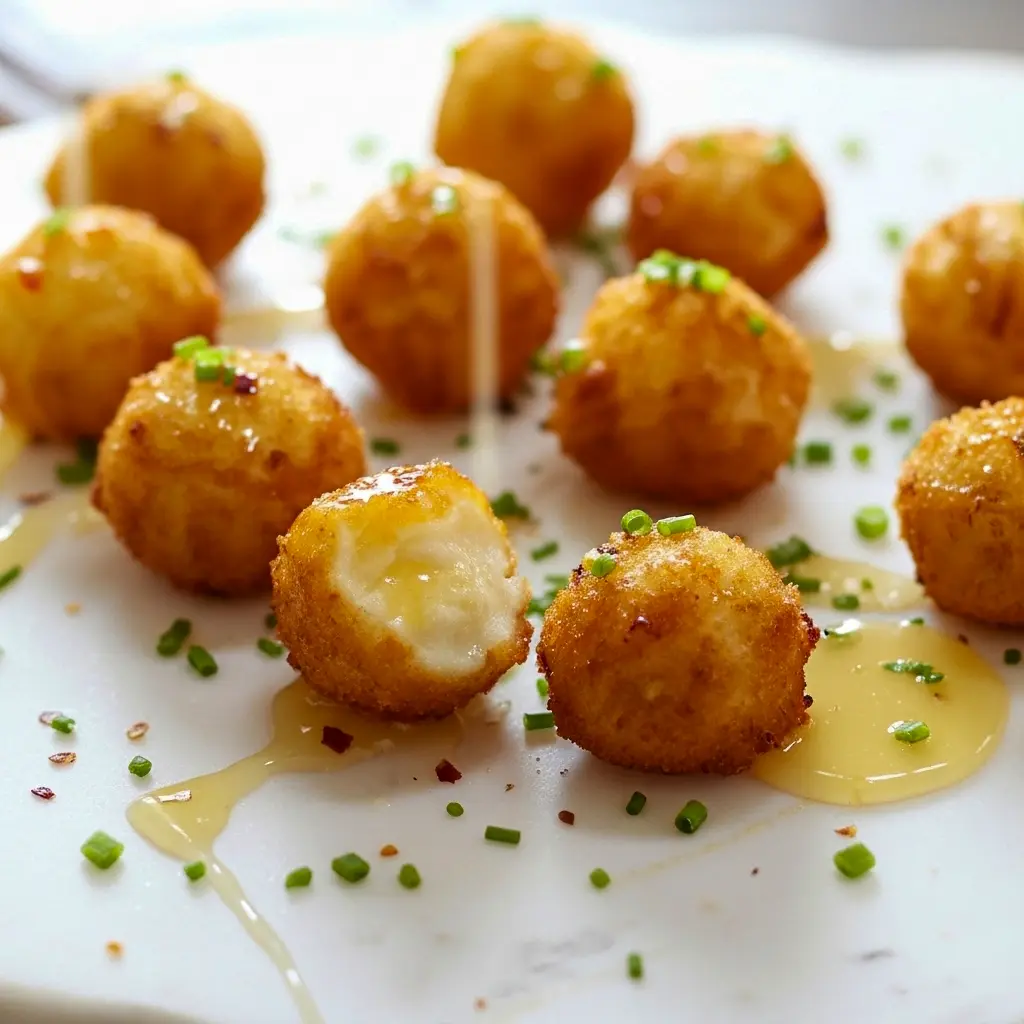Goat Cheese And Honey Bites — golden fried goat cheese poppers drizzled with honey and sprinkled with chives, a tempting Goat Cheese Honey appetizer on a white platter.