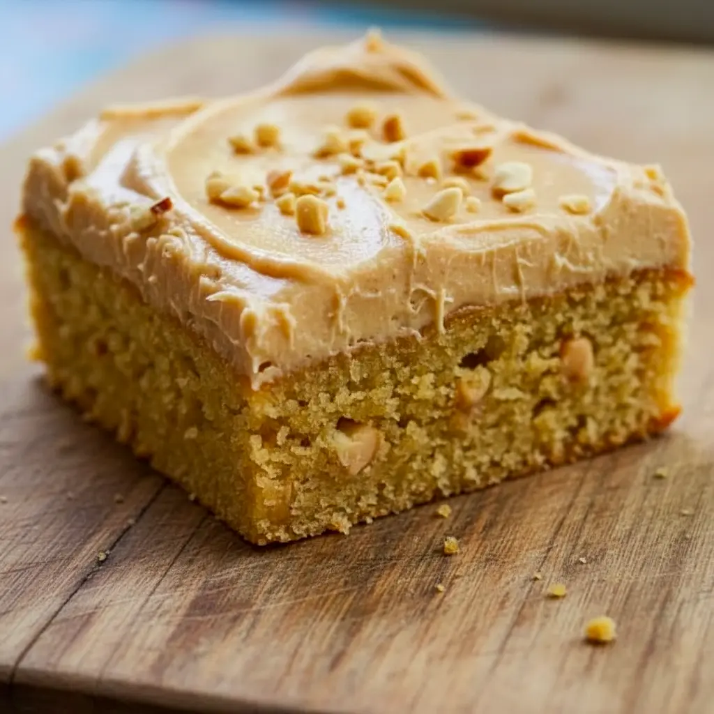 Close-up slice of Peanut Butter Sheet Cake with shiny peanut-butter frosting and a drizzle of fudge, served on a white plate.