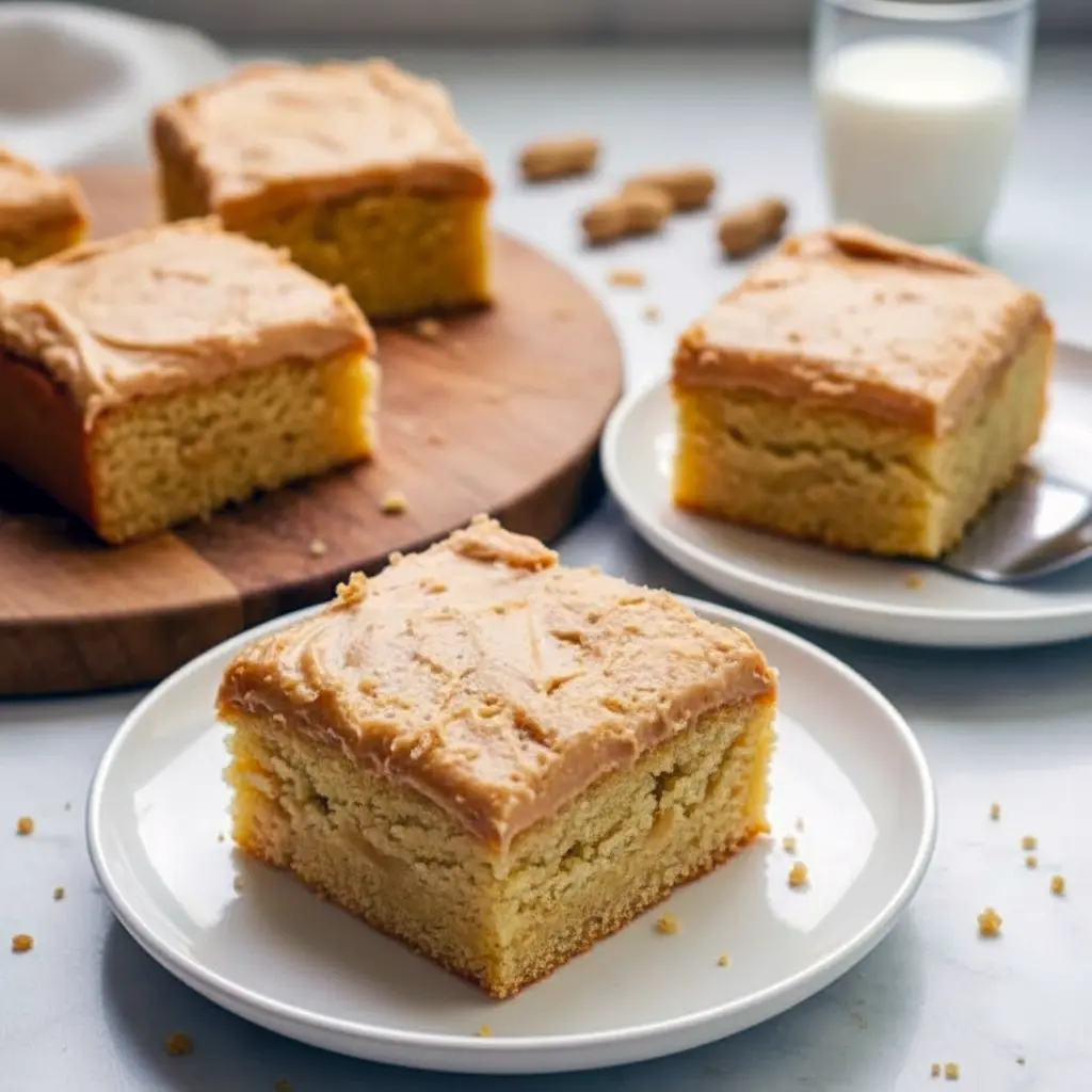 Close-up slice of Peanut Butter Sheet Cake with shiny peanut-butter frosting and a drizzle of fudge, served on a white plate.