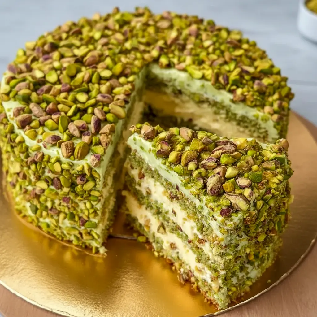 Three-layer pistachio mascarpone cake topped with chopped pistachios, a slice removed to reveal the creamy filling and soft green sponge.