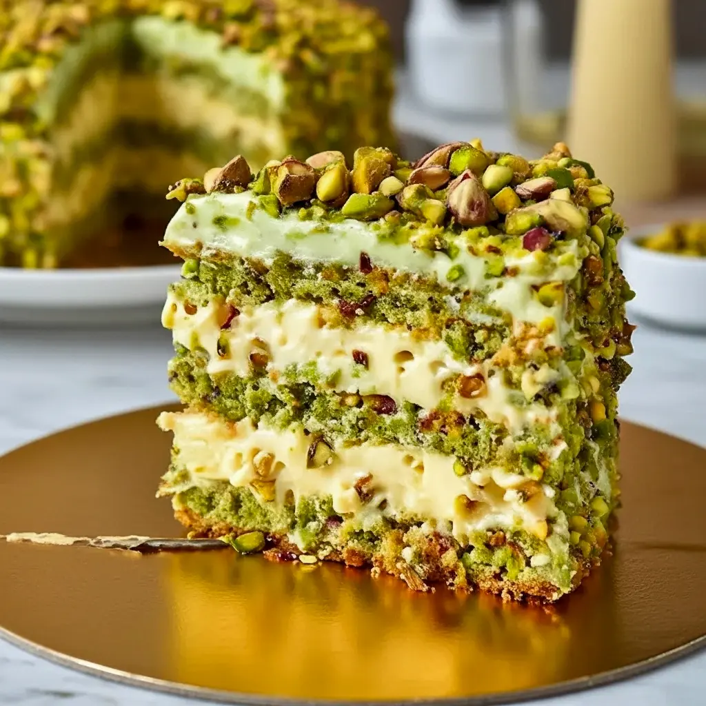 Three-layer pistachio mascarpone cake topped with chopped pistachios, a slice removed to reveal the creamy filling and soft green sponge.