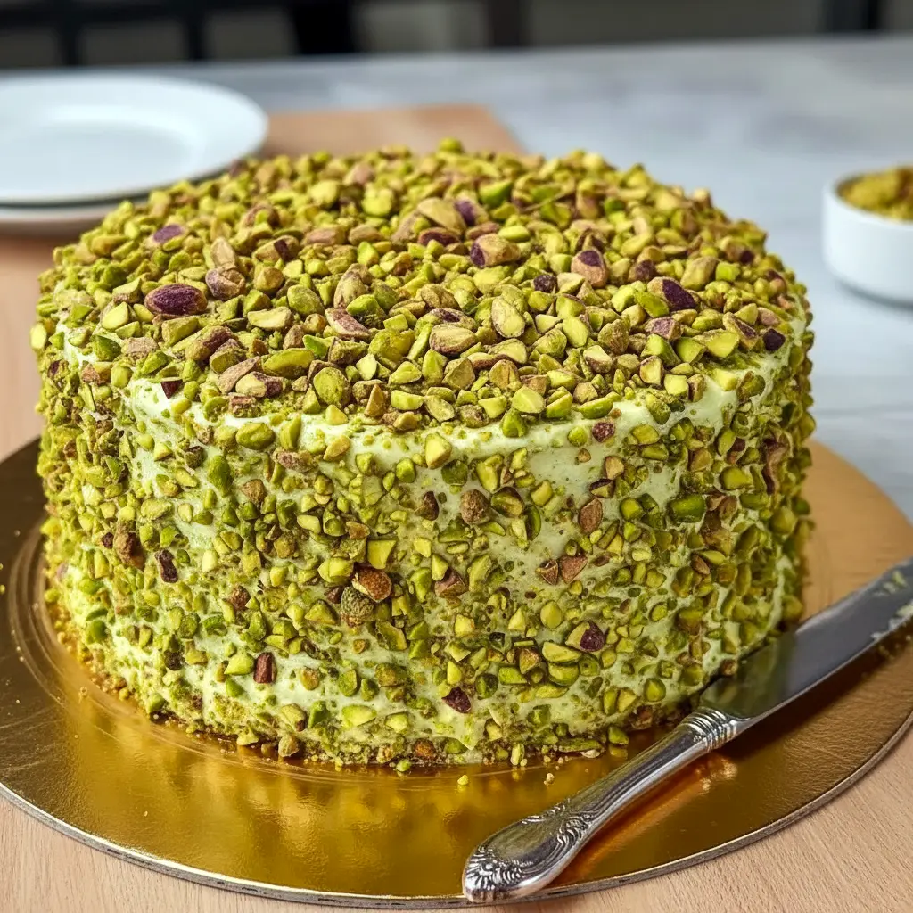 Three-layer pistachio mascarpone cake topped with chopped pistachios, a slice removed to reveal the creamy filling and soft green sponge.