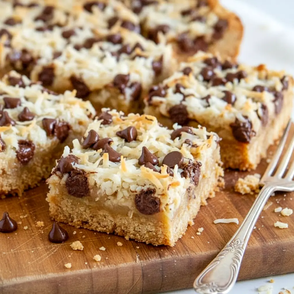 Magic Cookie Bars stacked on a plate, showing gooey chocolate chips, toasted coconut, and chopped nuts.