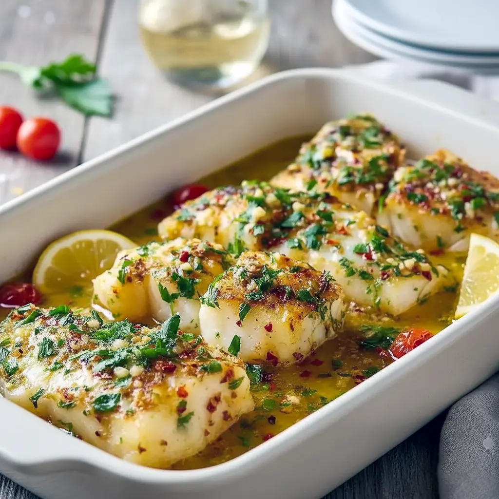 Close-up of flaky, golden-baked cod drizzled with lemon-garlic oil and sprinkled with parsley — a tasty example of Mediterranean Cooking and a top choice among Mediterranean Cod Recipes.