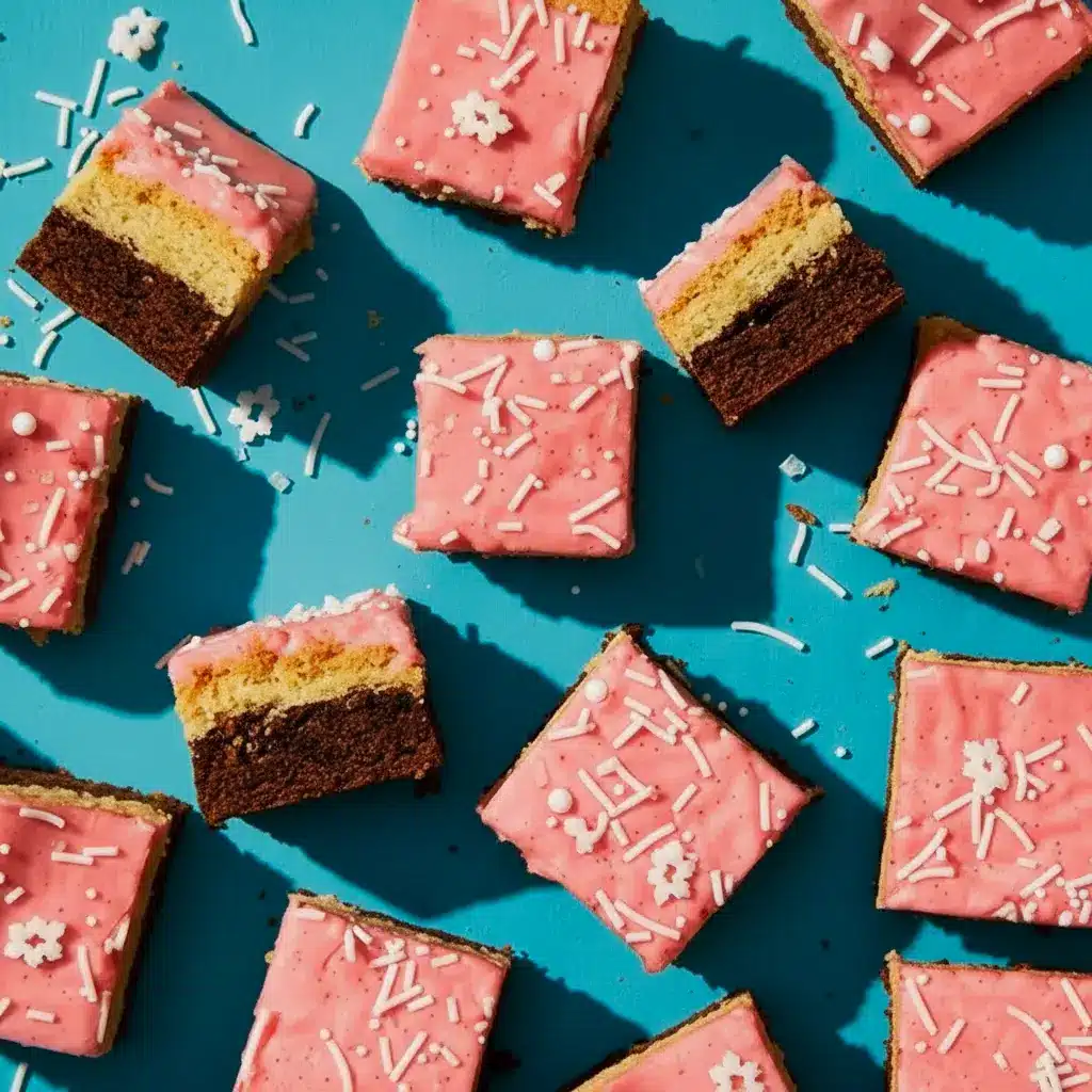 Three stacked slices of Sugar Cookie Bars showing layered chocolate and vanilla with pink raspberry glaze and sprinkles.