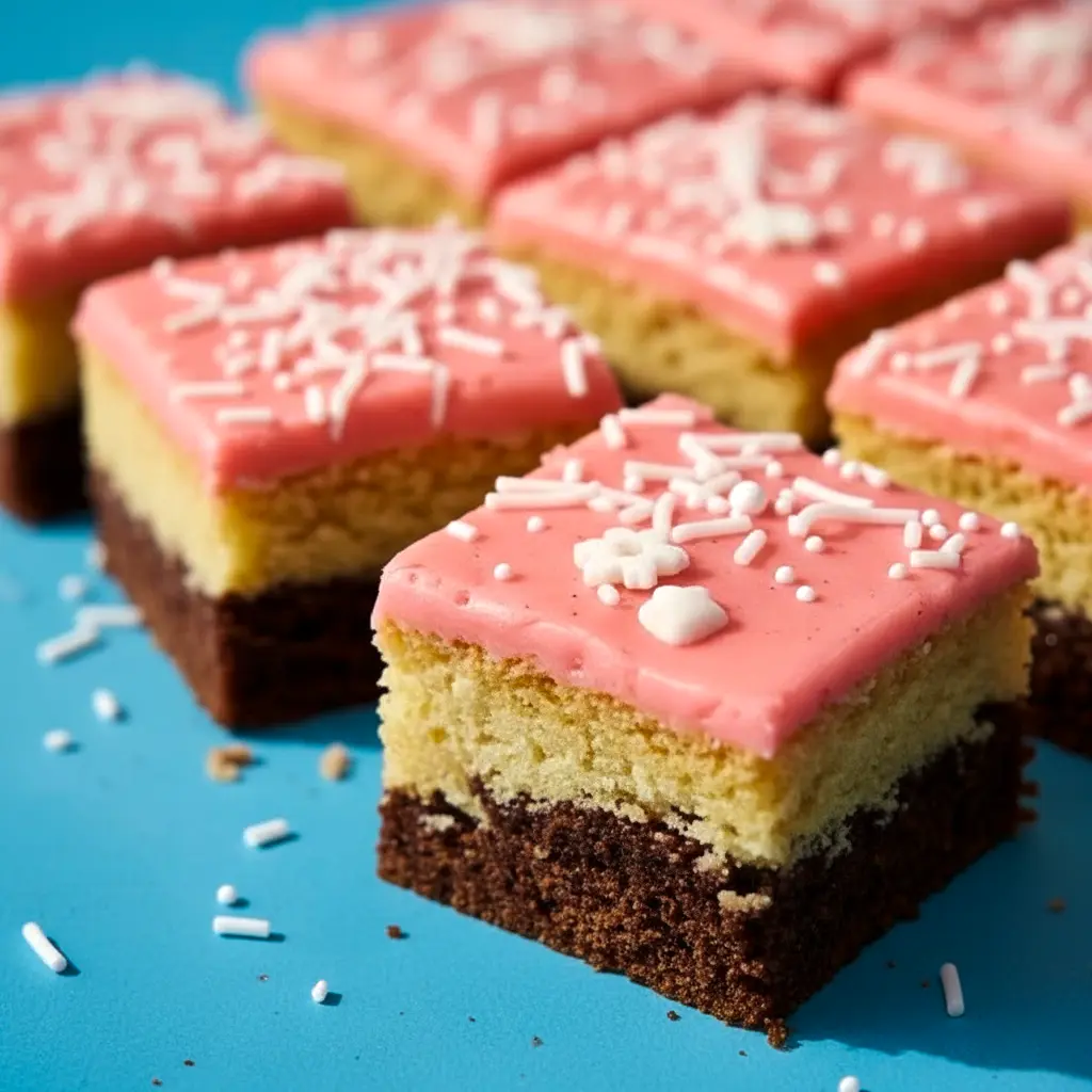 Three stacked slices of Sugar Cookie Bars showing layered chocolate and vanilla with pink raspberry glaze and sprinkles.