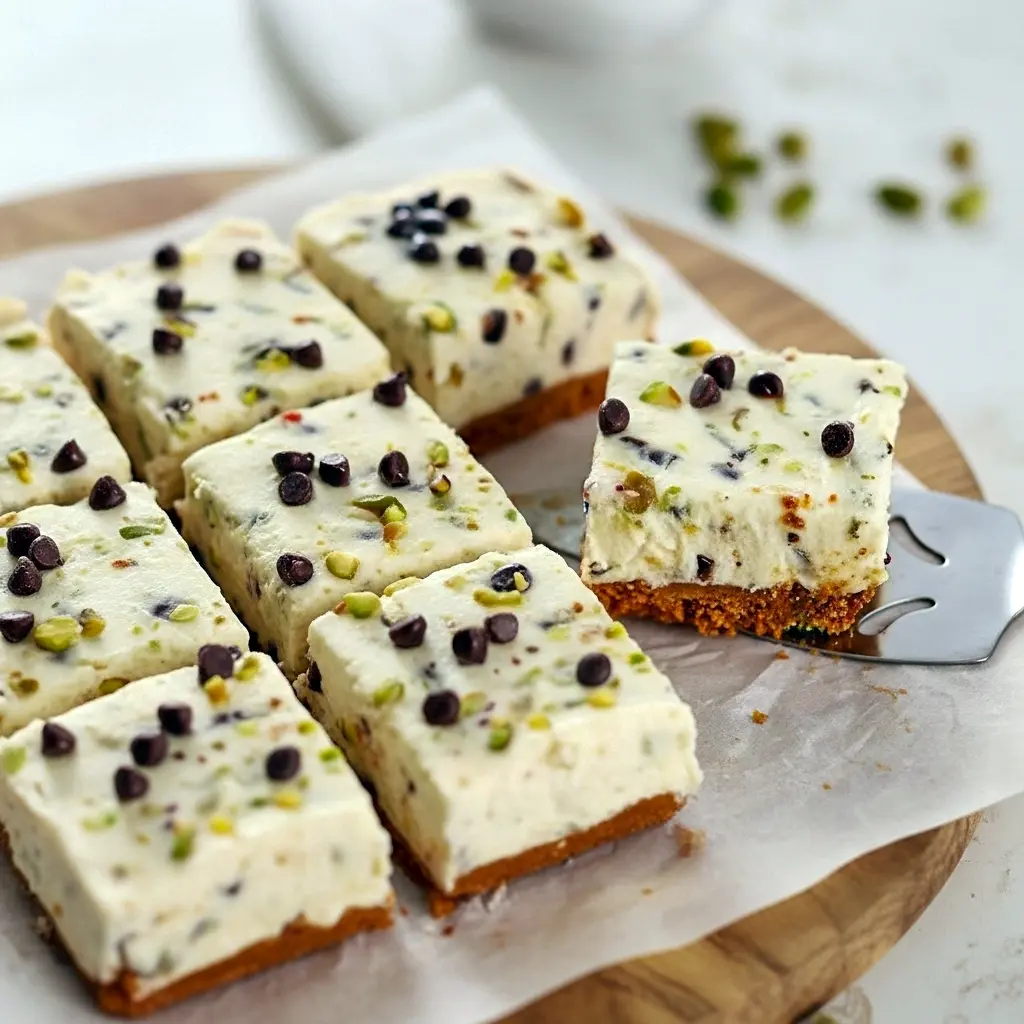 Square no-bake cannoli cheesecake bars on a serving plate, topped with mini chocolate chips and chopped pistachios.