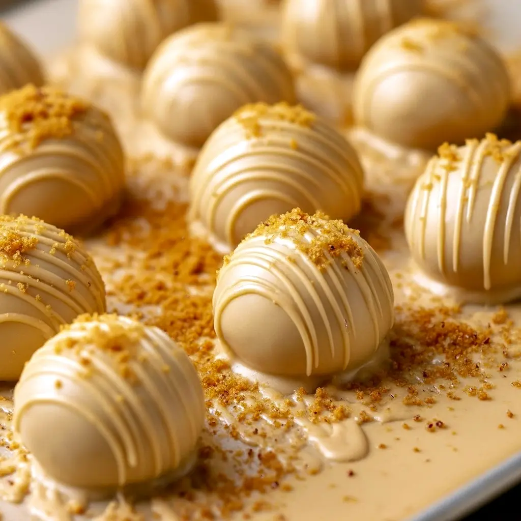 Close-up of round white-chocolate–coated truffles with cookie crumb garnish on parchment paper, showing glossy drizzle and warm cinnamon specks, No Bake Biscoff Truffles.