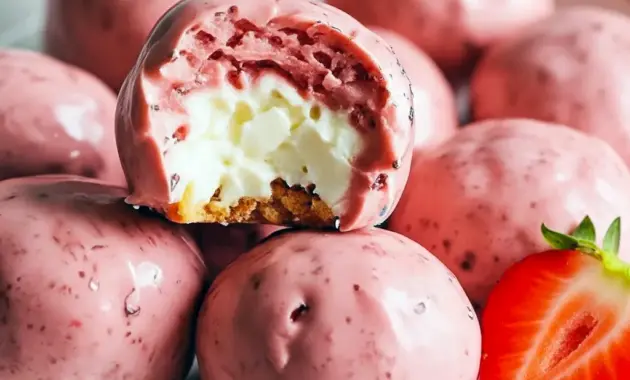 Close-up of Strawberry Cheesecake Protein Balls on parchment, pale pink centers with graham-cracker coating and a sprinkle of freeze-dried strawberry.