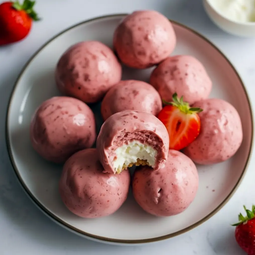 Close-up of Strawberry Cheesecake Protein Balls on parchment, pale pink centers with graham-cracker coating and a sprinkle of freeze-dried strawberry.