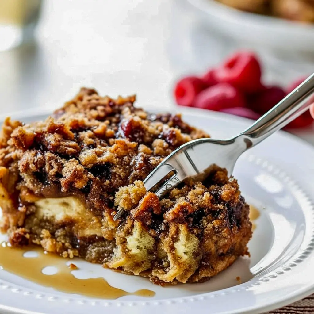 Close-up of a warm slice of Eggnog French Toast Casserole Overnight topped with caramelized pecans and a crisp crumble; a fork lifts a gooey bite of Eggnog French Toast Casserole that reveals spiced custard and soft bread, showcasing the cozy Eggnog French Toast goodness of this Over Night Eggnog French Toast Casserole, Overnight Eggnog French Toast Casserole.