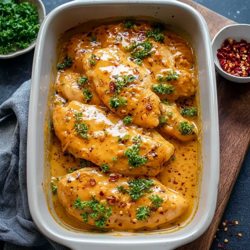 Bang Bang Chicken glazed in a glossy sweet-chili cream sauce, garnished with sliced green onions and served over jasmine rice.