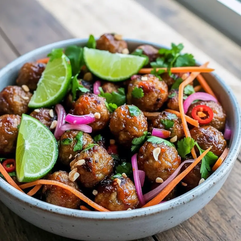 Close-up of glossy Banh Mi Meatballs topped with shredded carrot, cilantro, and sliced jalapeño; a plated example of Vietnamese Meatballs Recipe and savory Vietnamese Meatballs ready to serve.