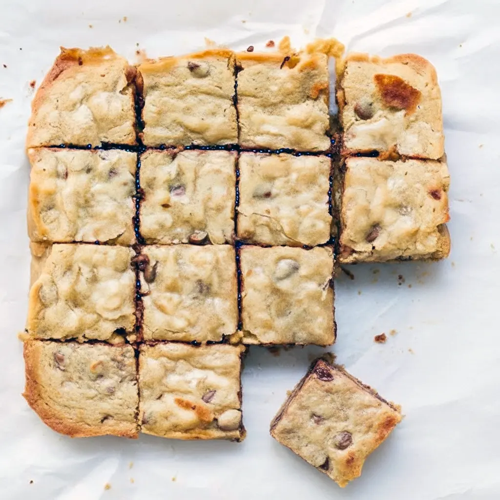 Close-up of warm Bourbon Chocolate Chip Blondies Recipe squares on parchment, gooey chocolate chips visible and a light sprinkle of powdered sugar.