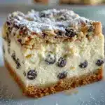 Close-up of powdered-sugar-dusted Cannoli Bars on a wooden board, each square studded with mini chocolate chips and a flaky graham crust—ideal Italian Dinner Dessert Ideas, classic Cannoli Dessert Recipes, and one of the best Easy Italian Desserts For A Crowd, Cannoli Bars Recipe.