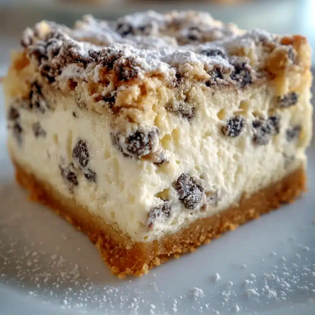 Close-up of powdered-sugar-dusted Cannoli Bars on a wooden board, each square studded with mini chocolate chips and a flaky graham crust—ideal Italian Dinner Dessert Ideas, classic Cannoli Dessert Recipes, and one of the best Easy Italian Desserts For A Crowd, Cannoli Bars Recipe.