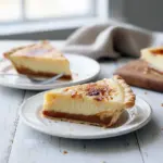 Slice of Caramel Creme Brulee Pie on a white plate, glossy torched sugar top and a ribbon of dulce de leche visible in the filling.