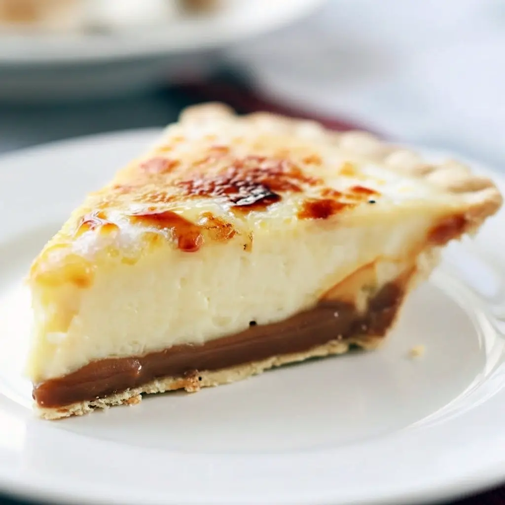 Slice of Caramel Creme Brulee Pie on a white plate, glossy torched sugar top and a ribbon of dulce de leche visible in the filling.