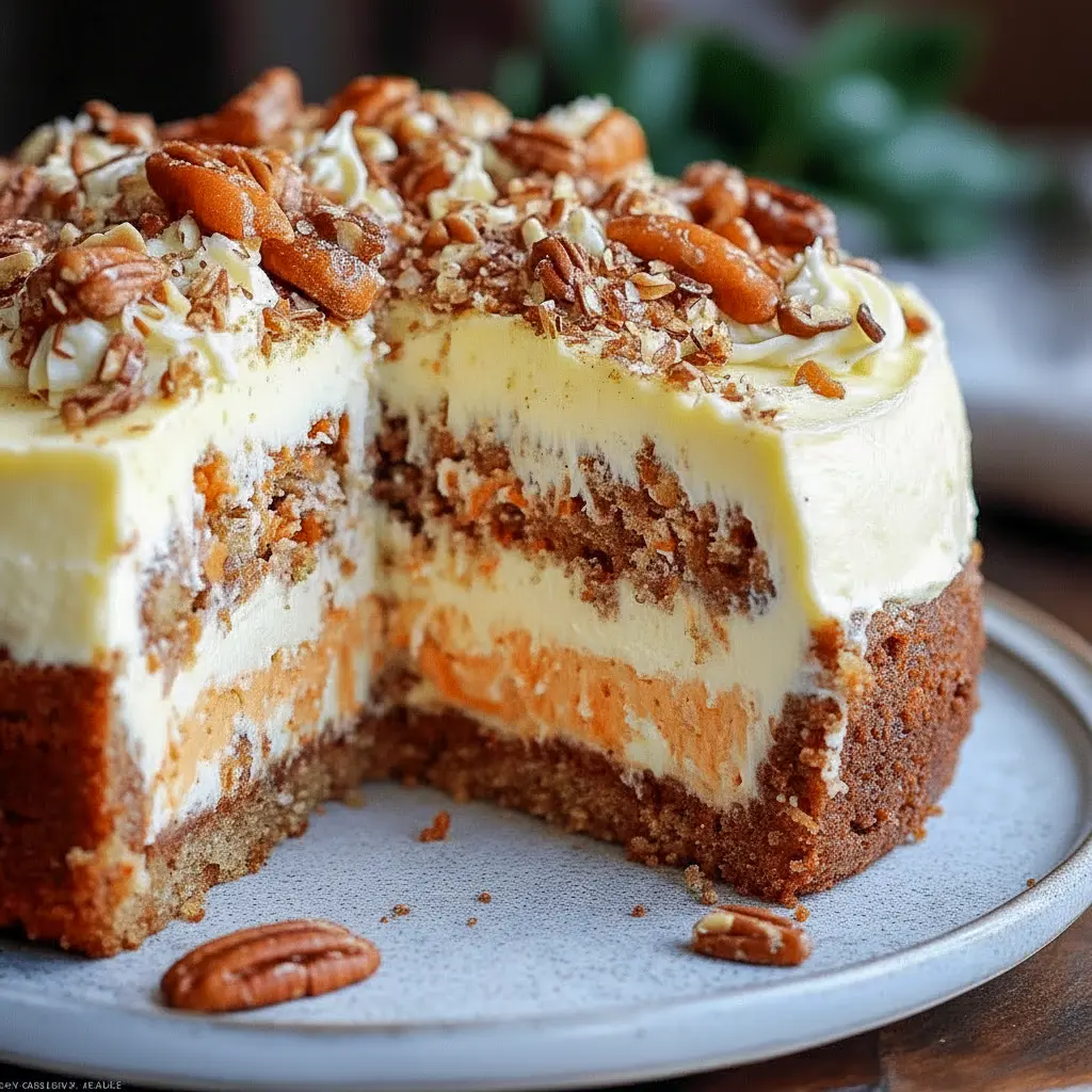 Decadent Cheesecake slice of carrot cake cheesecake on a plate, topped with chopped walnuts and a dollop of whipped cream.