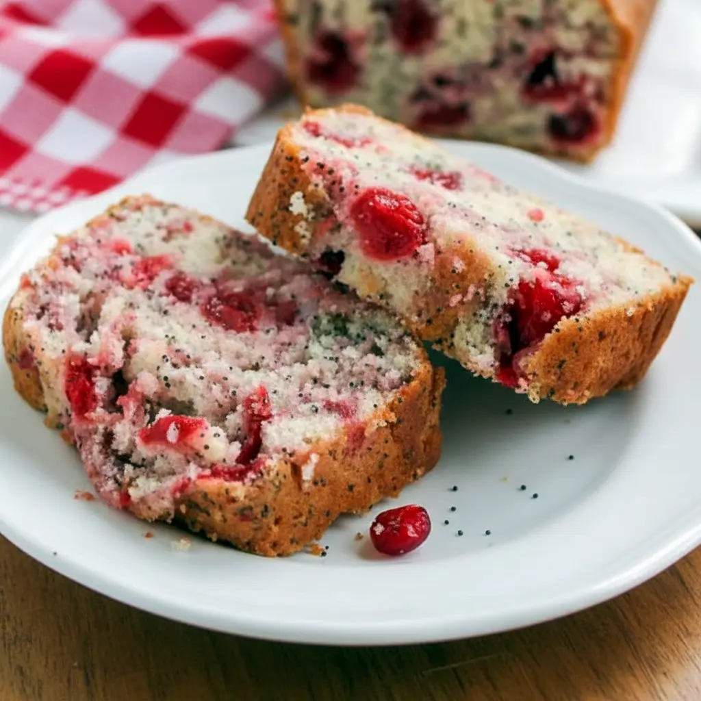 Sliced cherry almond quick bread with cherry swirls, poppy seeds, and sliced almonds on a wooden board.