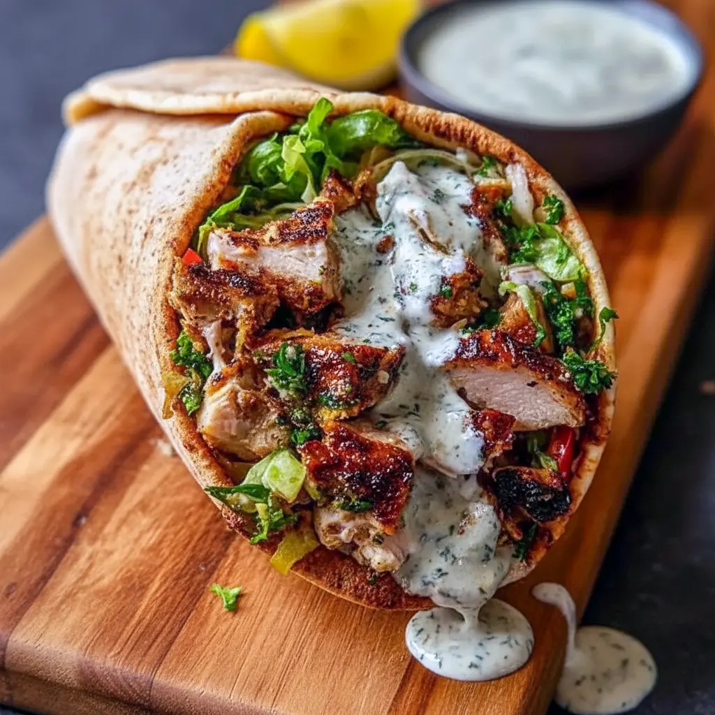 Sliced, charred chicken shawarma drizzled with Chicken Shawarma With Creamy Garlic Sauce and extra Middle Eastern Garlic Sauce, served in a warm pita with tomatoes, cucumbers, and parsley.