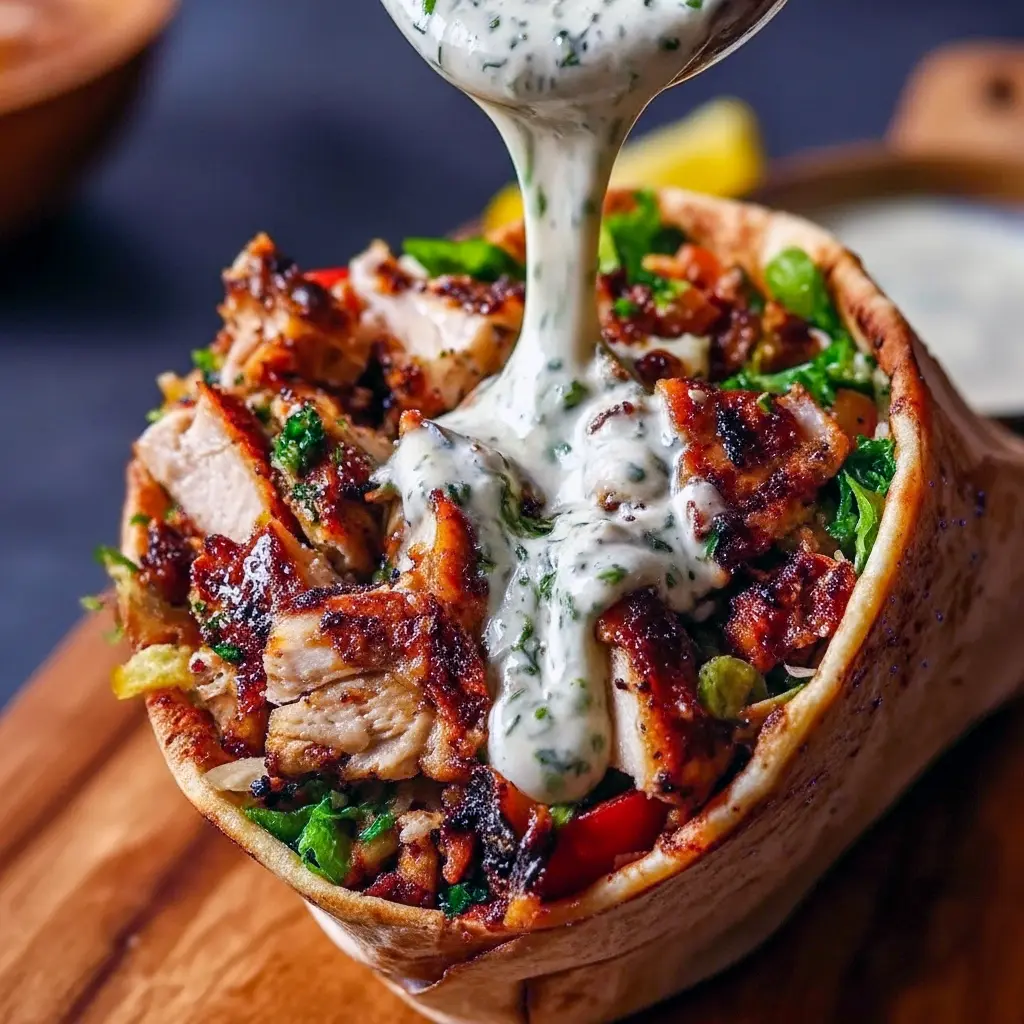 Sliced, charred chicken shawarma drizzled with Chicken Shawarma With Creamy Garlic Sauce and extra Middle Eastern Garlic Sauce, served in a warm pita with tomatoes, cucumbers, and parsley.
