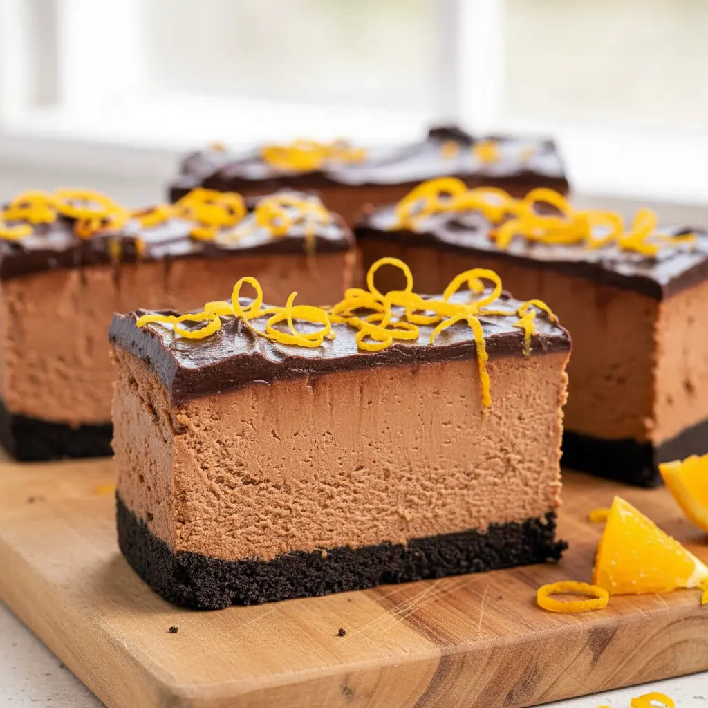 Slice of chocolate orange cheesecake on a white plate, glossy chocolate ganache, a sprinkle of orange zest on top, Oreo crust visible, dollop of whipped cream and a fork at the side.