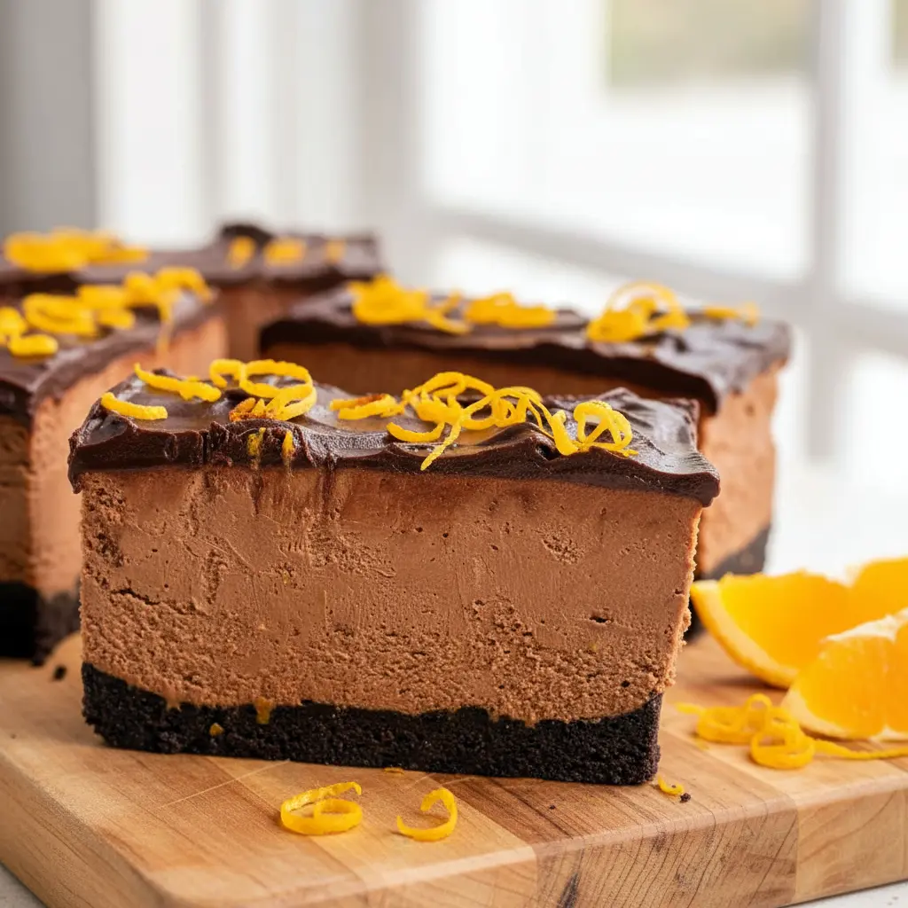 Slice of chocolate orange cheesecake on a white plate, glossy chocolate ganache, a sprinkle of orange zest on top, Oreo crust visible, dollop of whipped cream and a fork at the side.