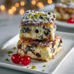 Overhead of golden-baked cannoli squares cut into neat pieces, showing creamy ricotta filling studded with mini chocolate chips and topped with chopped pistachios on a serving board, Cannoli Bars Recipe.