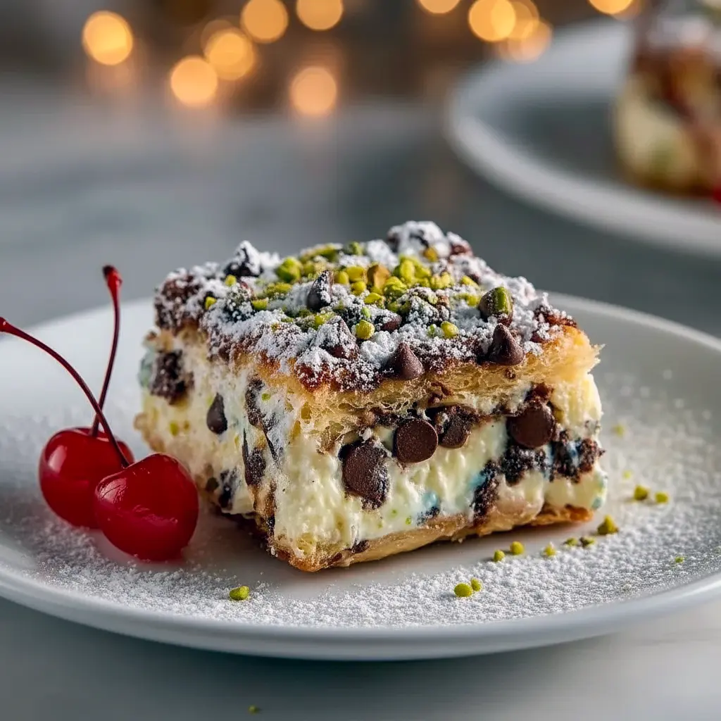 Overhead of golden-baked cannoli squares cut into neat pieces, showing creamy ricotta filling studded with mini chocolate chips and topped with chopped pistachios on a serving board, Cannoli Bars Recipe.
