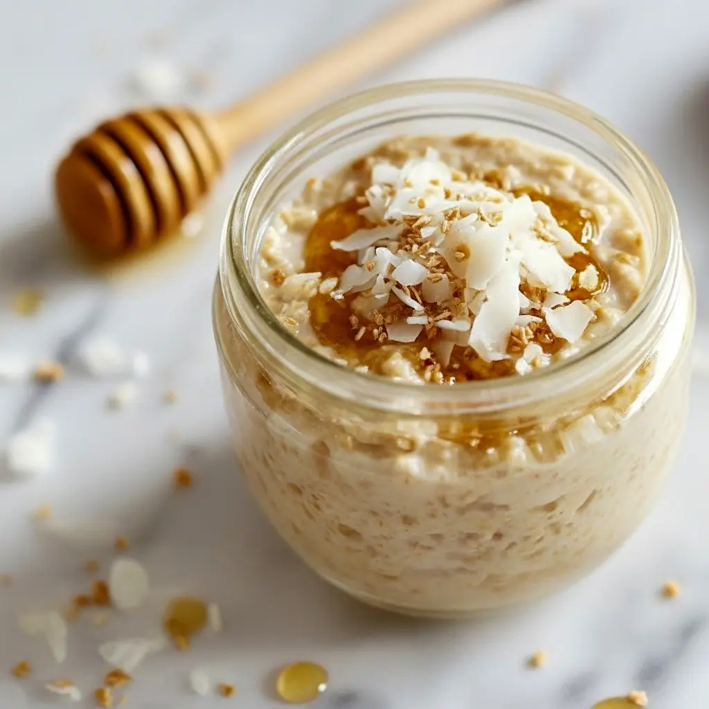 Mason jar of Coconut Cream Pie overnight oats topped with shredded coconut and toasted flakes, spoon lifting a silky bite — a twist on Rice Pudding Overnight Oats and perfect for Recipes With Cream Of Coconut, also doable as Vanilla Coconut Overnight Oats, a cheeky Copycat Oats Overnight, or a simple Overnight Coconut Oatmeal Recipe, Diy Overnight Oats.