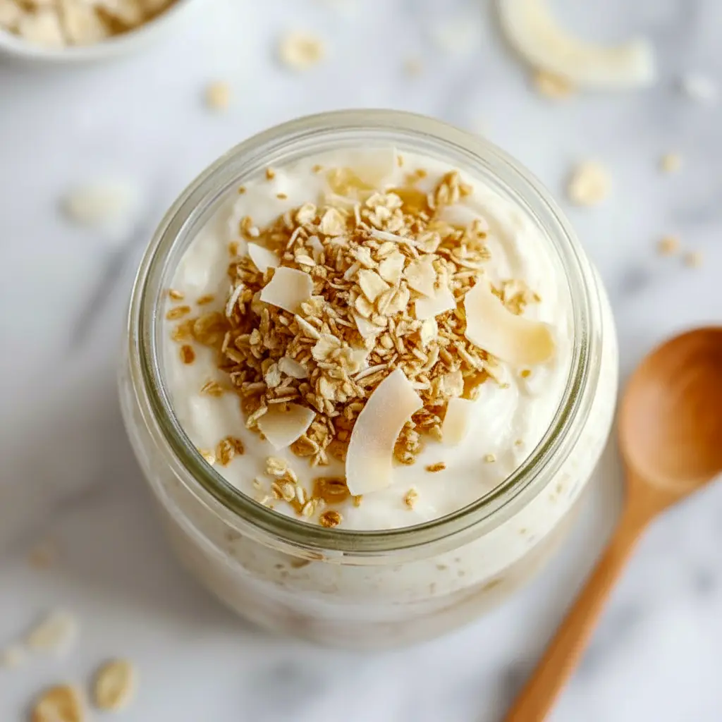 Mason jar of Coconut Cream Pie overnight oats topped with shredded coconut and toasted flakes, spoon lifting a silky bite — a twist on Rice Pudding Overnight Oats and perfect for Recipes With Cream Of Coconut, also doable as Vanilla Coconut Overnight Oats, a cheeky Copycat Oats Overnight, or a simple Overnight Coconut Oatmeal Recipe, Diy Overnight Oats.