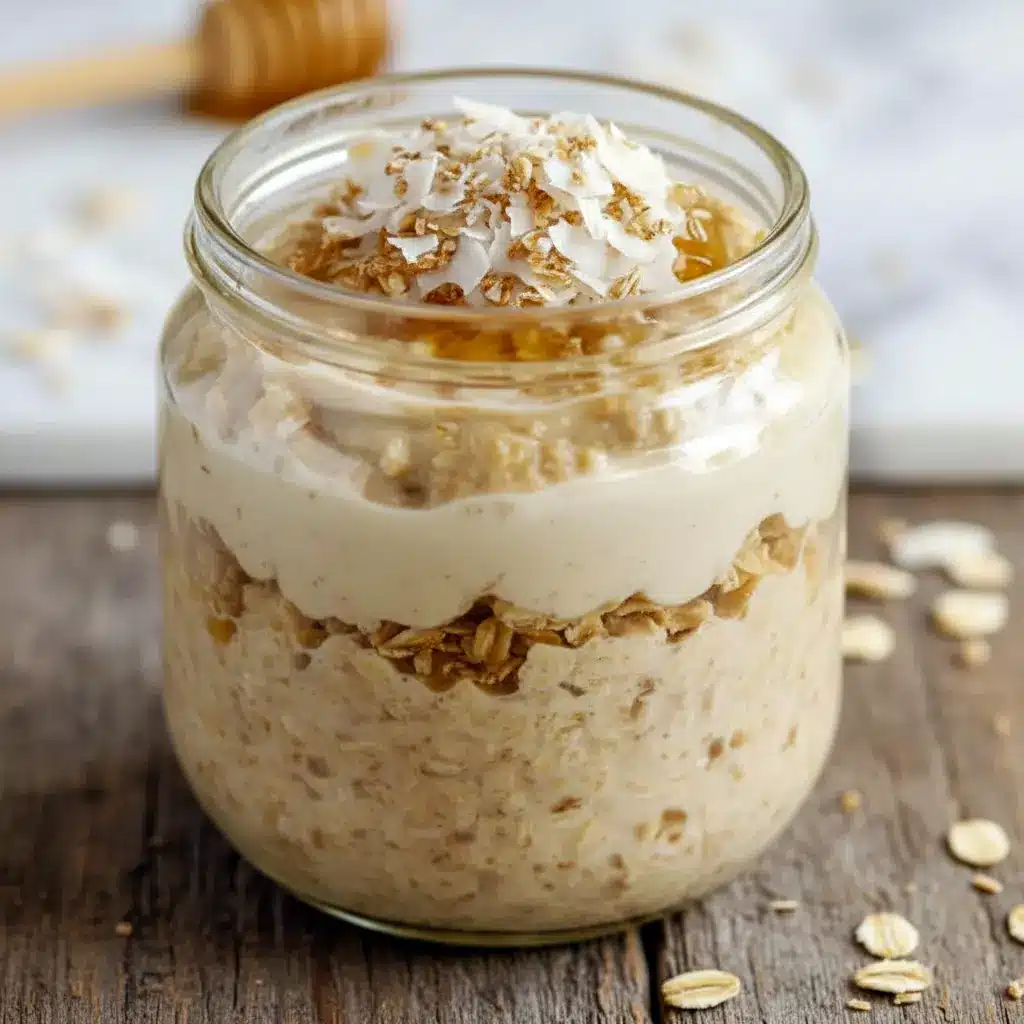 Mason jar of Coconut Cream Pie overnight oats topped with shredded coconut and toasted flakes, spoon lifting a silky bite — a twist on Rice Pudding Overnight Oats and perfect for Recipes With Cream Of Coconut, also doable as Vanilla Coconut Overnight Oats, a cheeky Copycat Oats Overnight, or a simple Overnight Coconut Oatmeal Recipe, Diy Overnight Oats.