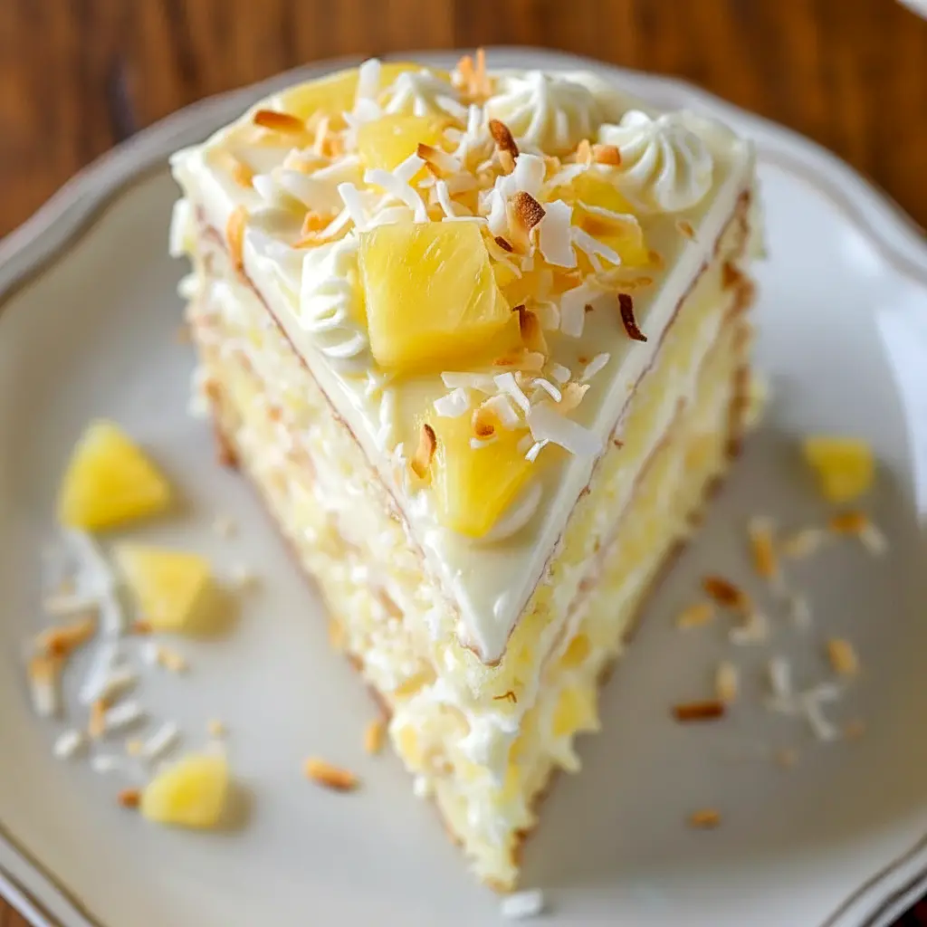 Coconut Pineapple Dream Cake Recipe — slice of golden cake topped with shredded toasted coconut, pineapple chunks, and creamy coconut frosting on a white plate.