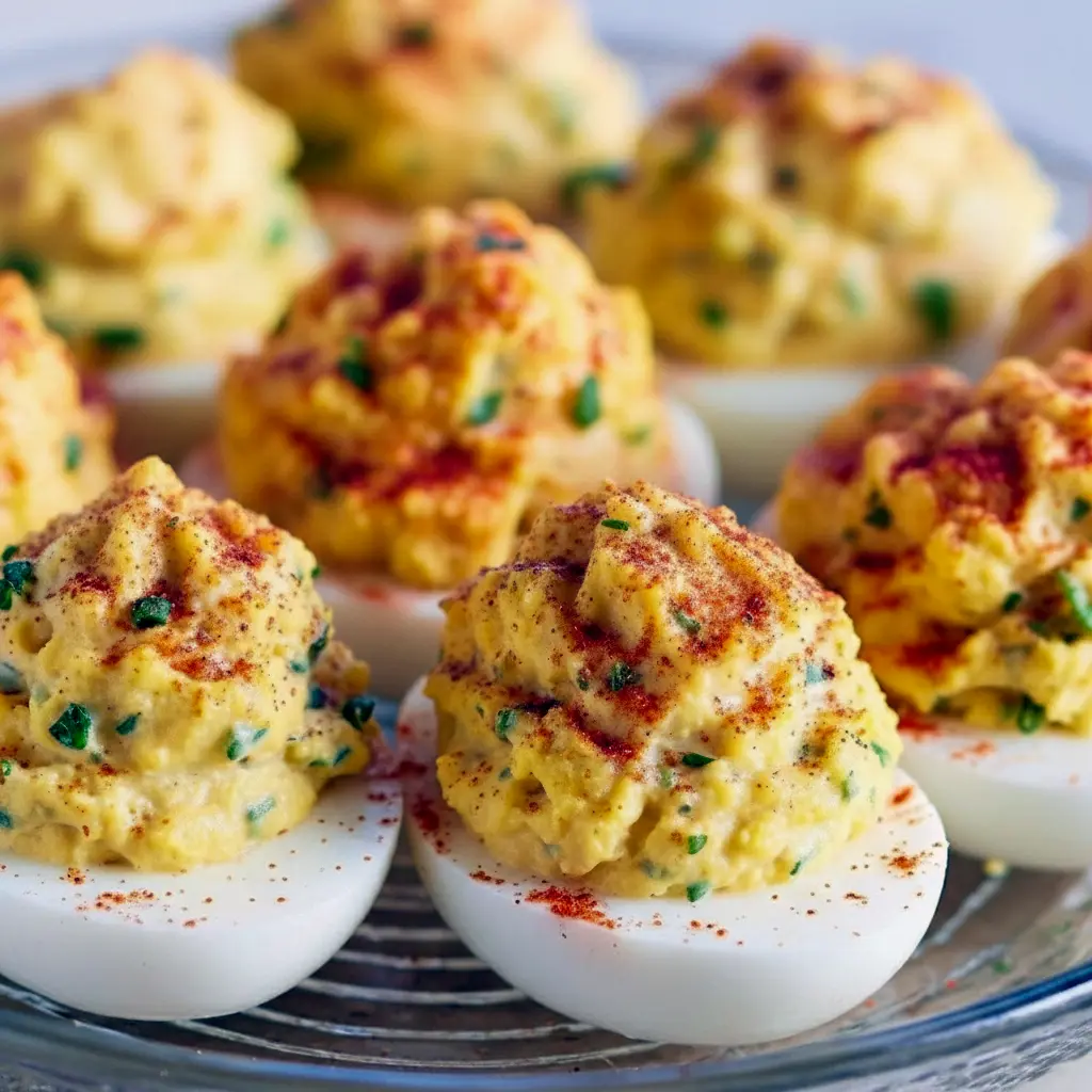 Platter of Creamy Cajun Deviled Eggs — halved eggs filled with a creamy, orange-tinted filling, garnished with chopped green onion and a sprinkle of Cajun seasoning.