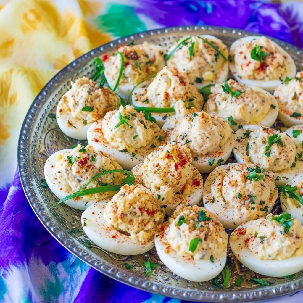 Platter of Creamy Cajun Deviled Eggs — halved eggs filled with a creamy, orange-tinted filling, garnished with chopped green onion and a sprinkle of Cajun seasoning.