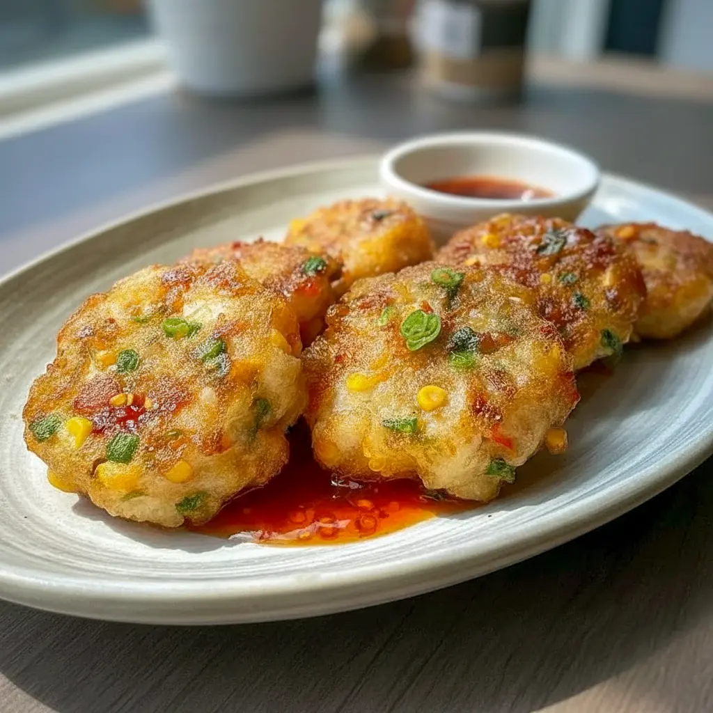 Golden, pan-fried seafood patties stacked on a plate, garnished with scallions and served with a small bowl of tangy dipping sauce, Shrimp Cakes.