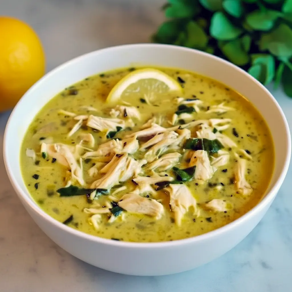 Bowl of Thai Ginger Chicken Soup with shredded chicken, sliced bell pepper, spinach, cilantro, and a lime wedge.